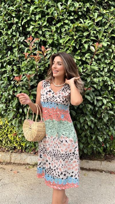 Kadın Kolsuz V Yaka çiçek Desenli Süprem Elbise