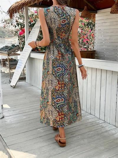 Kadın Kolsuz V Yakalı Desenli Süprem Tulum Elbise