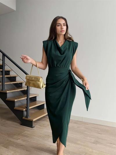 Kadın Kolsuz Vatka Detay Degaje Yaka Kruvaze Midi Boy Elbise