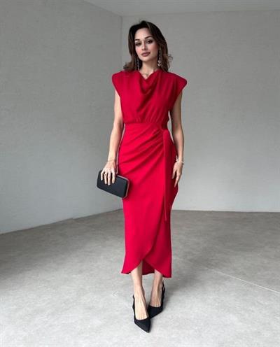 Kadın Kolsuz Vatka Detay Degaje Yaka Kruvaze Midi Boy Elbise