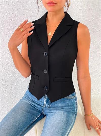 Kadın Kolsuz Yakalı önden Düğmeli Atlas Yelek