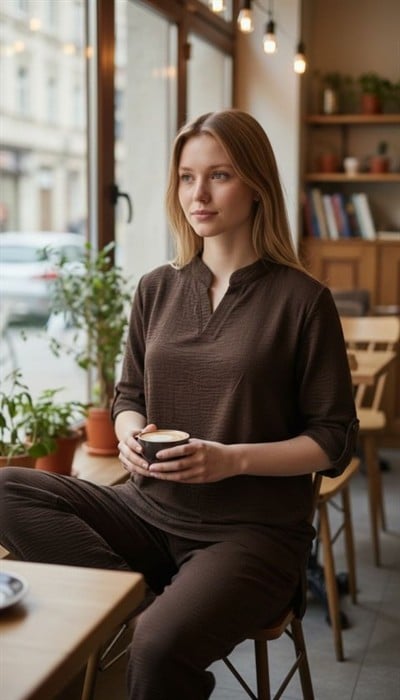 Kadın Kolu Katlanır Düğme Detay Hakim Yaka Bluzve Pantolon Sofia Keten Kumaş Ikili Takim