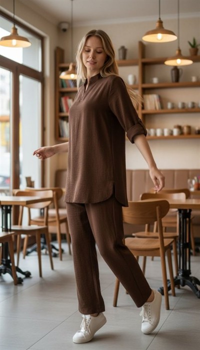 Kadın Kolu Katlanır Düğme Detay Hakim Yaka Bluzve Pantolon Sofia Keten Kumaş Ikili Takim