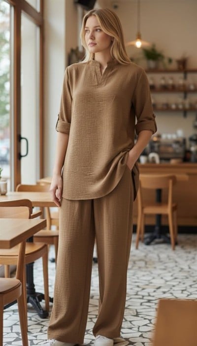 Kadın Kolu Katlanır Düğme Detay Hakim Yaka Bluzve Pantolon Sofia Keten Kumaş Ikili Takim