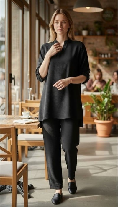 Kadın Kolu Katlanır Düğme Detay Hakim Yaka Bluzve Pantolon Sofia Keten Kumaş Ikili Takim