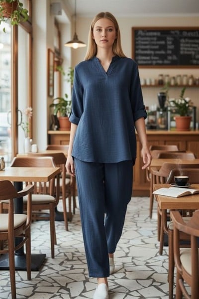 Kadın Kolu Katlanır Düğme Detay Hakim Yaka Bluzve Pantolon Sofia Keten Kumaş Ikili Takim