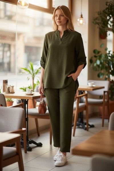 Kadın Kolu Katlanır Düğme Detay Hakim Yaka Bluzve Pantolon Sofia Keten Kumaş Ikili Takim