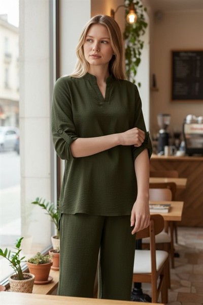 Kadın Kolu Katlanır Düğme Detay Hakim Yaka Bluzve Pantolon Sofia Keten Kumaş Ikili Takim