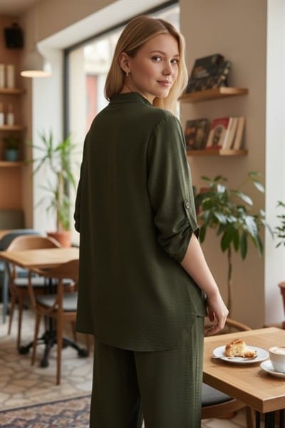 Kadın Kolu Katlanır Düğme Detay Hakim Yaka Bluzve Pantolon Sofia Keten Kumaş Ikili Takim