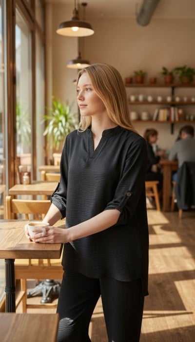 Kadın Kolu Katlanır Düğme Detay Hakim Yaka Bluzve Pantolon Sofia Keten Kumaş Ikili Takim