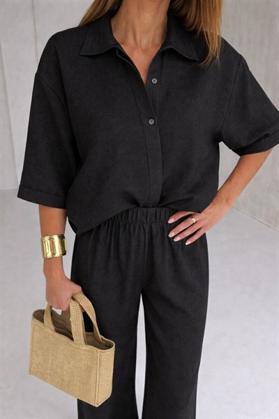 Kadın Krep Kumaş Gömlek Ve Ispanyol Paça Pantolon Ikili Takım