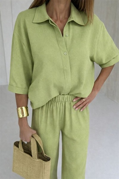 Kadın Krep Kumaş Gömlek Ve Ispanyol Paça Pantolon Ikili Takım