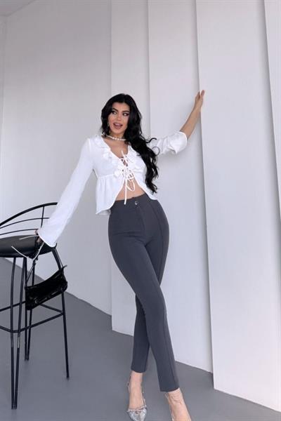 Kadın Krep Kumaş çimalı Yüksek Bel Pantolon