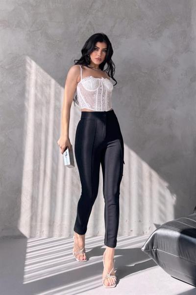 Kadın Krep Kumaş çimalı Yüksek Bel Pantolon