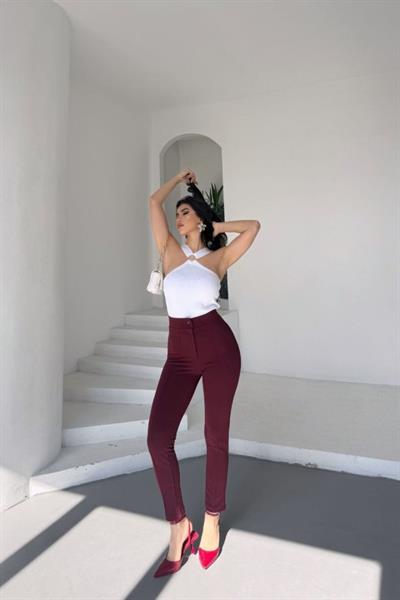 Kadın Krep Kumaş çimalı Yüksek Bel Pantolon