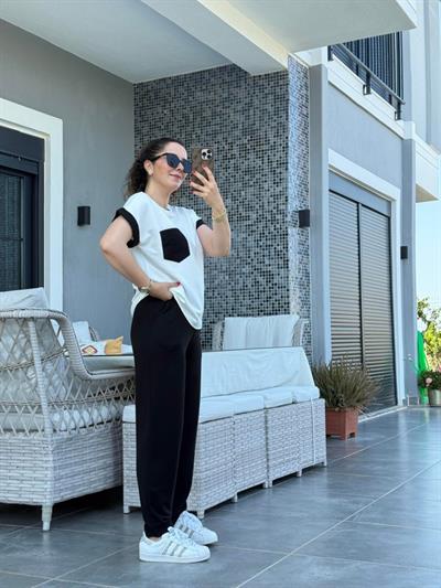 Kadın Kristal Kumaş Garnili Cep Detaylı Ikili Takım