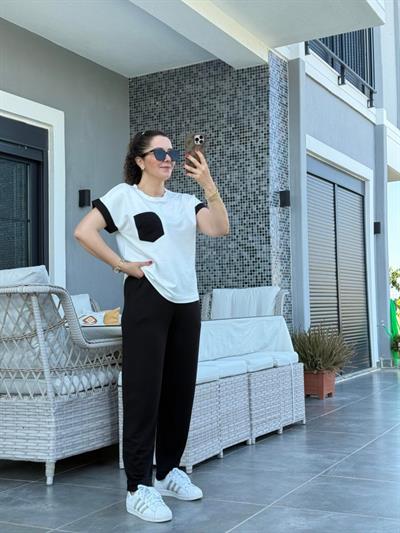 Kadın Kristal Kumaş Garnili Cep Detaylı Ikili Takım