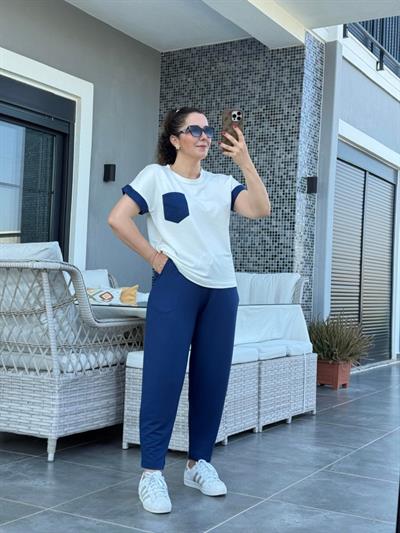 Kadın Kristal Kumaş Garnili Cep Detaylı Ikili Takım