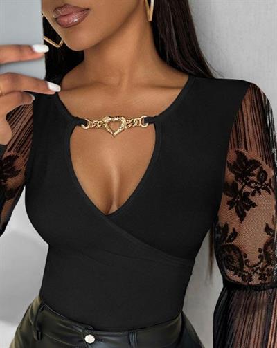 Kadın Kruvaze Yaka Derin Dekolteli Kolları Tül Detay Fırsat ürün Bluz