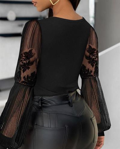 Kadın Kruvaze Yaka Derin Dekolteli Kolları Tül Detay Fırsat ürün Bluz