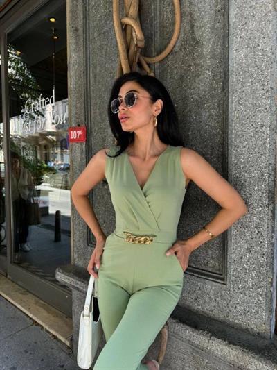 Kadın Kruvaze Yaka Kemer Detaylı Scuba Krep Tulum