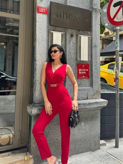 Kadın Kruvaze Yaka Kemer Detaylı Scuba Krep Tulum