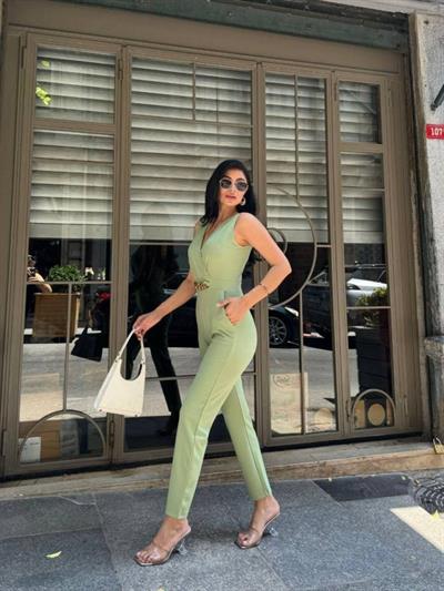 Kadın Kruvaze Yaka Kemer Detaylı Scuba Krep Tulum