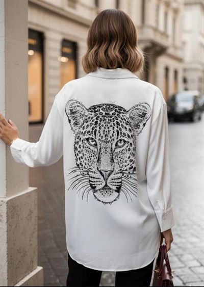 Kadın Leopar Baskılı Taş Işlemeli Jessica Kumaş Gömlek