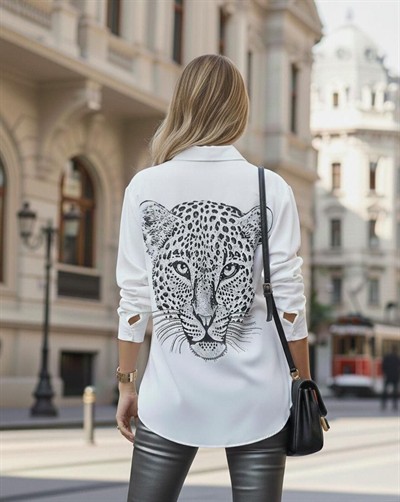Kadın Leopar Baskılı Taş Işlemeli Jessica Kumaş Gömlek