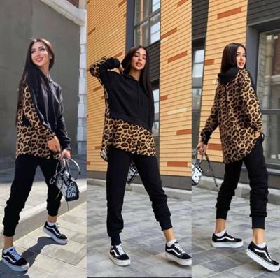 Kadın Leopar Ve Gömlek Detay Sweat Ve Pantolon Kili Takım