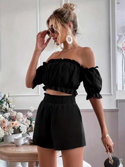 Kadın Madonna Yaka Crop şort Ikili Keten Takım