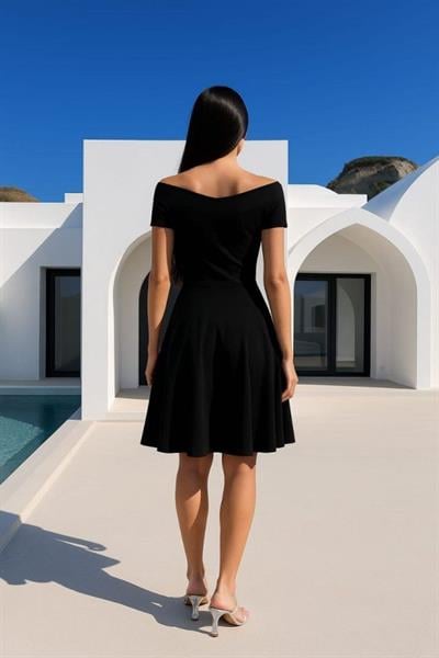 Kadın Madonna Yaka Pliseli Scuba Krep Kumaş Diz üstü Elbise