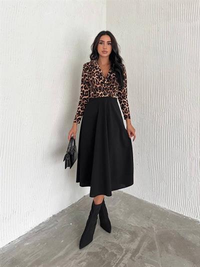 Kadın Manşet Yaka Leopar Baskılı Midi Boy Elbise