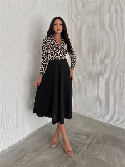 Kadın Manşet Yaka Leopar Baskılı Midi Boy Elbise
