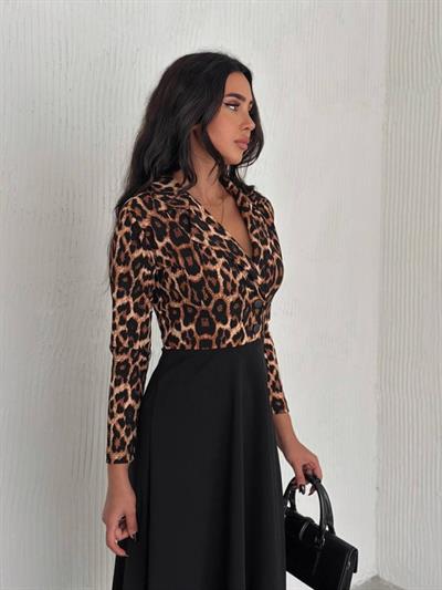 Kadın Manşet Yaka Leopar Baskılı Midi Boy Elbise