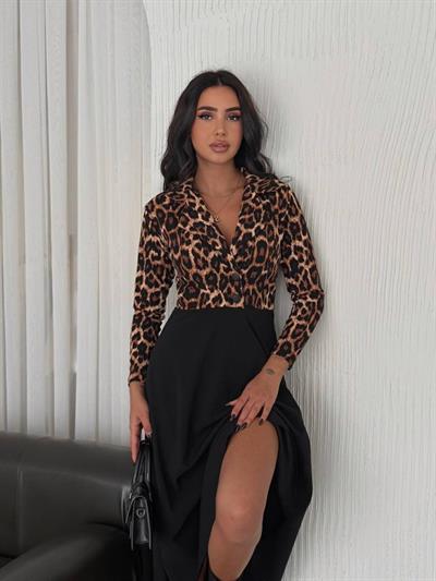 Kadın Manşet Yaka Leopar Baskılı Midi Boy Elbise
