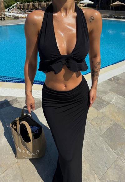 Kadın Mayo Kumaş Bağlamalı Crop Ve Maxi Boy Etek Ikili Takım