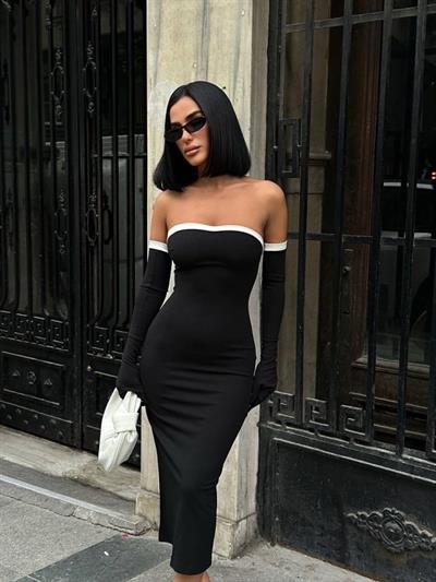 Kadın Midi Boy Kol çorabı Dahil Madonna Yaka Elbise