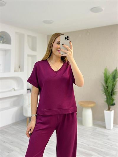 Kadın Modal Kumaş Rahat Kesim V Yaka Eşofman Takımı