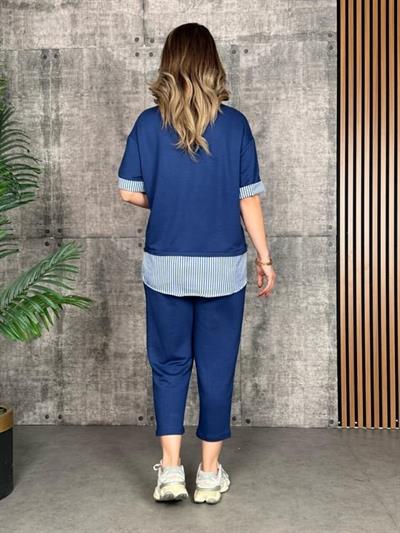 Kadın Modal Kumaş çizgili Gömlek Yaka Ikili Takım