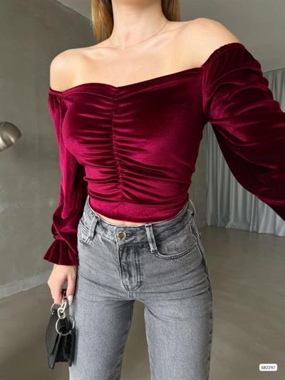 Kadın Modanna Yaka Büzgü Ve Manşet Detay Sırt Dekolteli Kadife Bluz