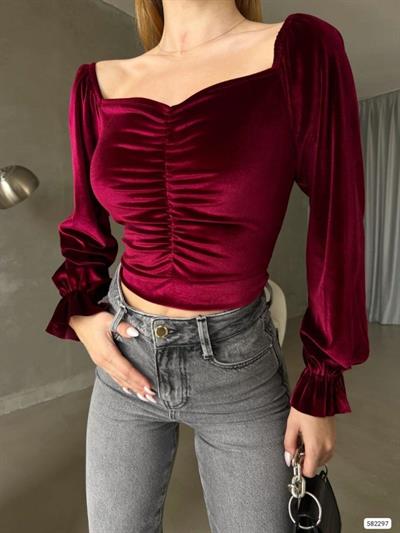 Kadın Modanna Yaka Büzgü Ve Manşet Detay Sırt Dekolteli Kadife Bluz