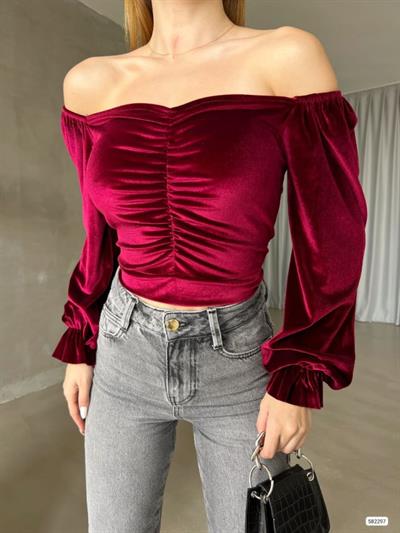 Kadın Modanna Yaka Büzgü Ve Manşet Detay Sırt Dekolteli Kadife Bluz