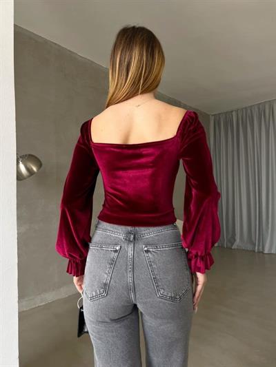 Kadın Modanna Yaka Büzgü Ve Manşet Detay Sırt Dekolteli Kadife Bluz