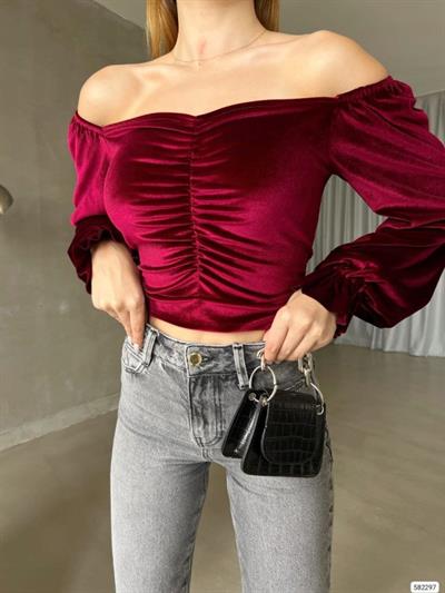 Kadın Modanna Yaka Büzgü Ve Manşet Detay Sırt Dekolteli Kadife Bluz