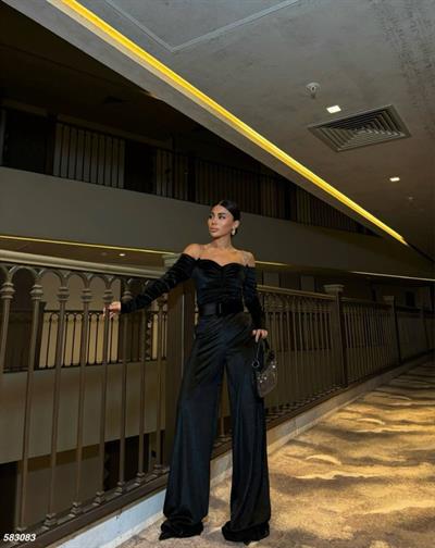 Kadın Modanna Yaka Zincir Askı Detay Kemer Dahil Kadife Kumaş Tulum