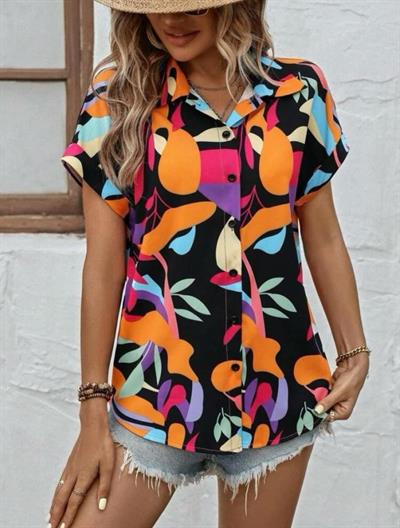 Kadın Moss Krep Kumaş Kısa Kol Çiçek Desenli Gömlek