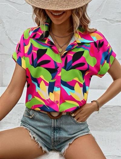 Kadın Moss Krep Kumaş Kısa Kol Çiçek Desenli Gömlek