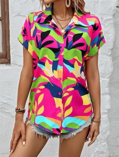 Kadın Moss Krep Kumaş Kısa Kol Çiçek Desenli Gömlek