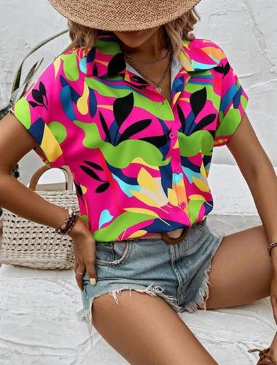 Kadın Moss Krep Kumaş Kısa Kol Çiçek Desenli Gömlek